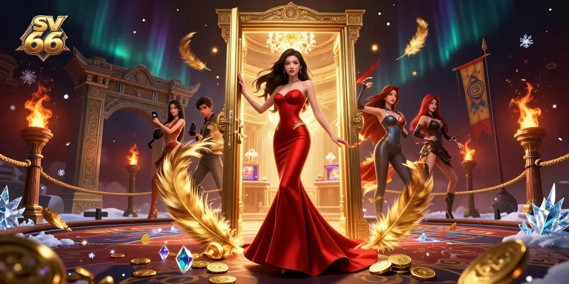 Experience the thrill of sv 66 in a vibrant VIP casino scene with a stunning woman in a red gown.