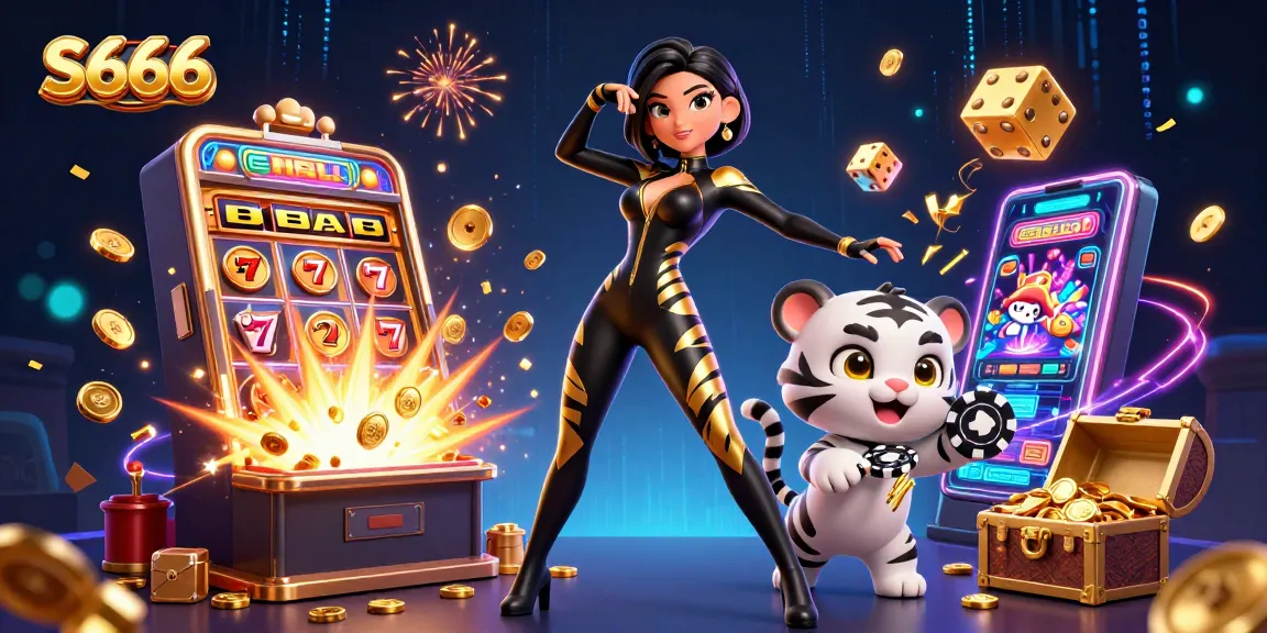 S666 showcases a thrilling casino atmosphere with vibrant slot machines, a dynamic acrobat, and playful elements.