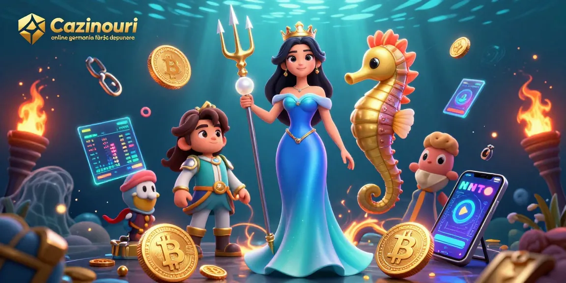 Cazinouri online germania fără depunere with illustrated characters winning over underwater casino treasures.