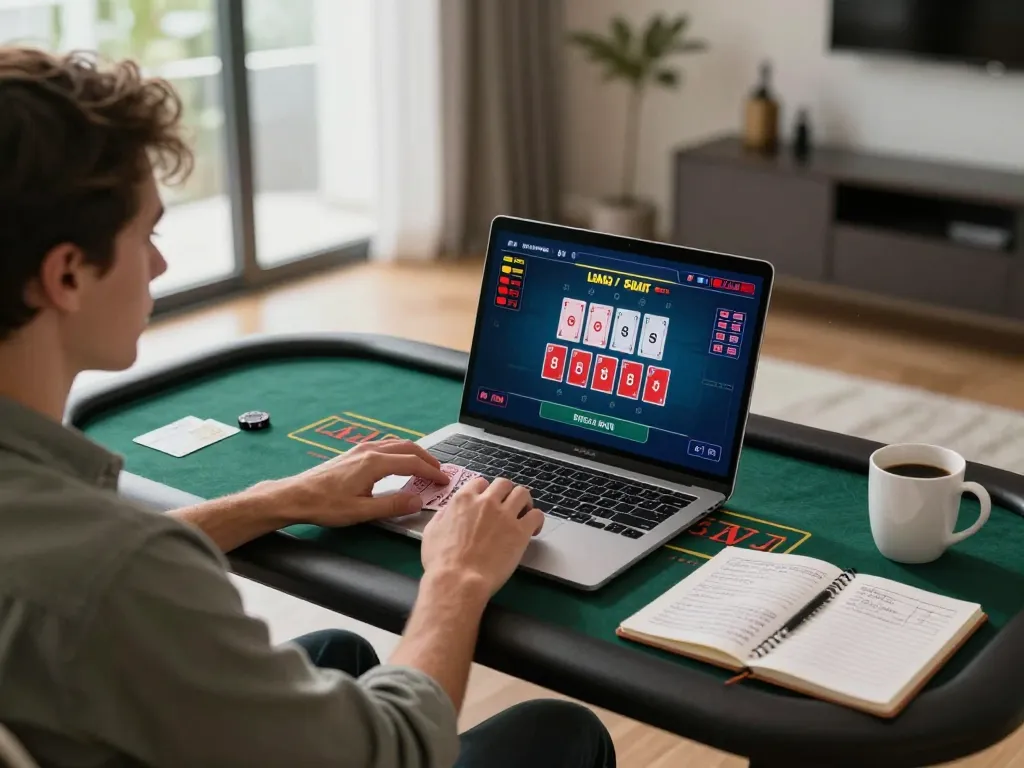 Engaging in online baccarat gameplay with LC88, the scene showcasing strategic play and a cozy home atmosphere.