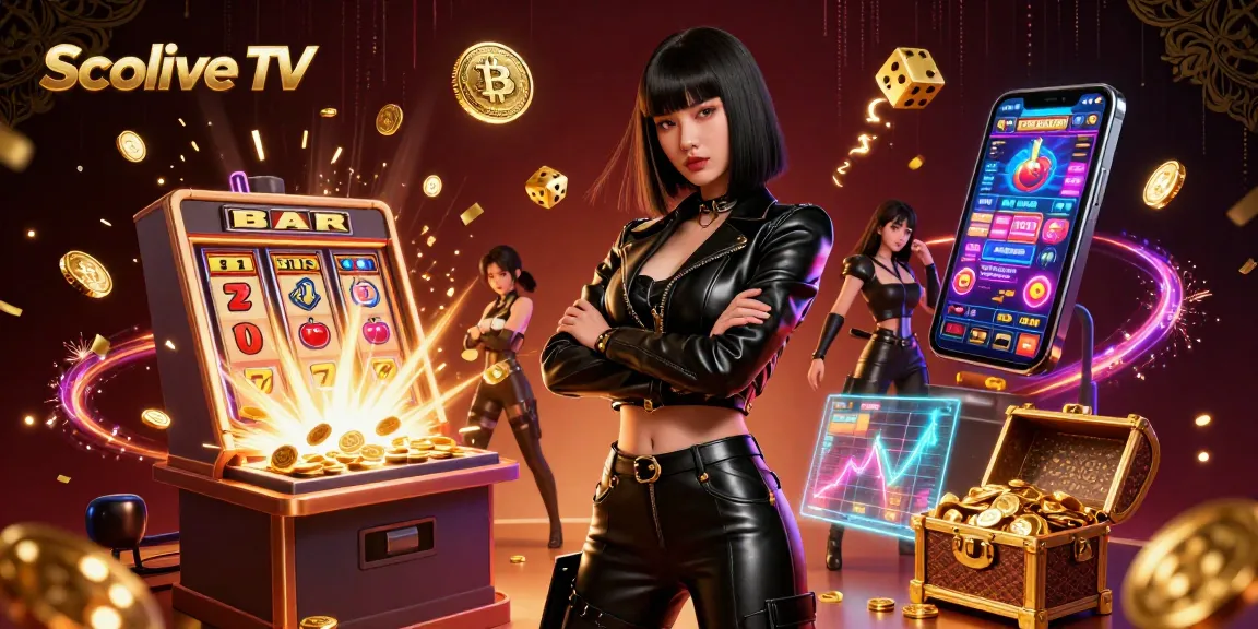 Socolive TV showcases a powerful Asian woman among exploding slots and vibrant casino elements.