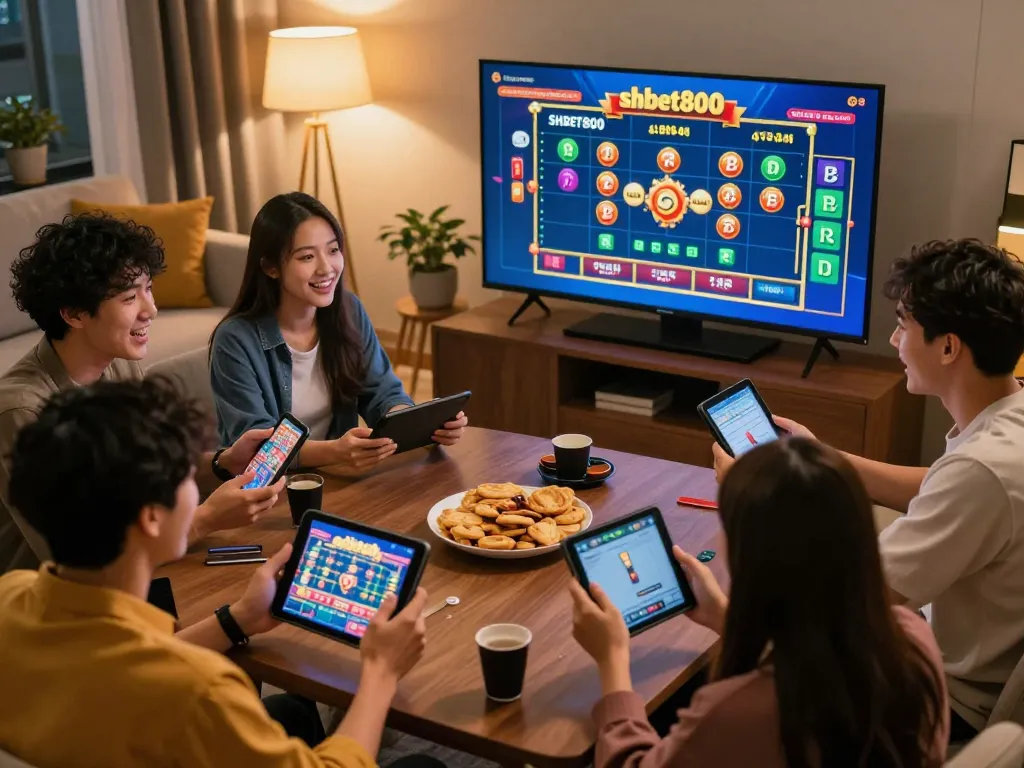 Friends enjoying online casino excitement on shbet800, engaging in strategic gameplay during game night.