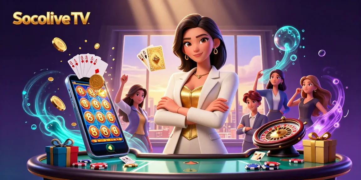 Socolive TV showcases a powerful Asian businesswoman in a stylish setting, playing cards and gaming elements.