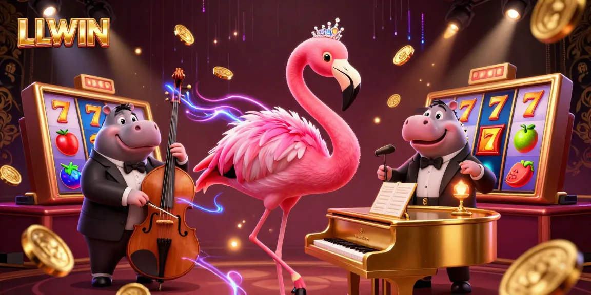 LLWIN celebrates casino excitement with a flamingo singer and hippo bassist in a lively 3D scene.