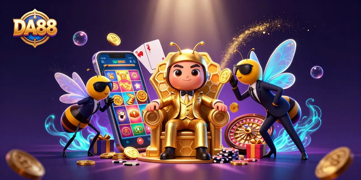 Cheerful DA88 gaming scene with a bumblebee mob boss and casino elements, winning coins flying.