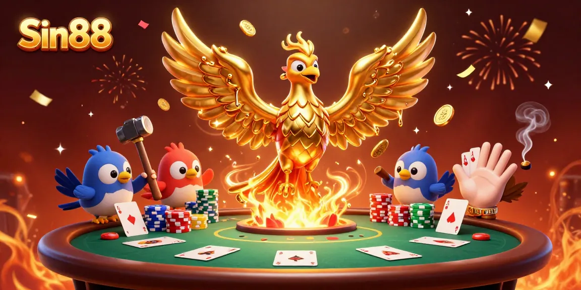 Experience dynamic gaming thrills at Sin88 with vibrant poker elements and a golden phoenix.