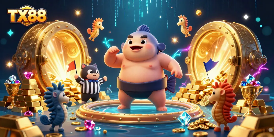 Experience the excitement of TX88’s underwater casino with jewel-filled treasure and vibrant characters.