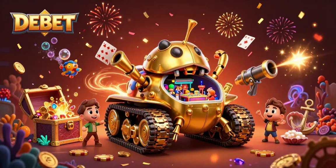 Engage in thrilling gaming with DEBET, a vibrant 3D illustration showcasing a miniature casino within a golden beetle tank.