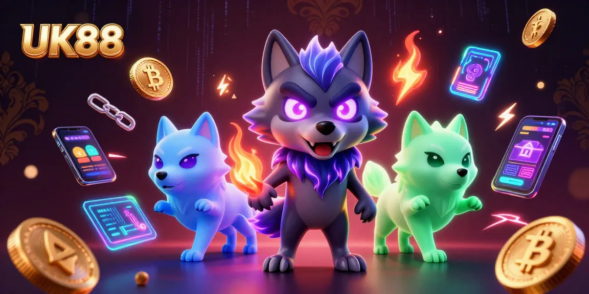 Win big with UK88 through an electrifying 3D casino gaming scene featuring unique ghostly wolves and crypto coins.