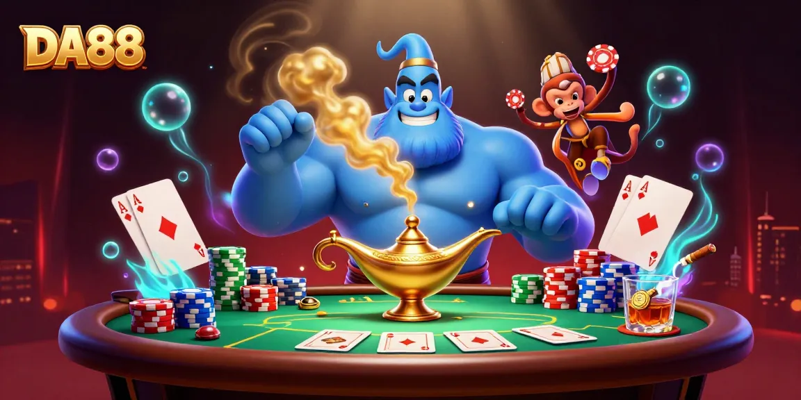 DA88 showcases a vibrant scene with a genie, poker chips, and magical game elements for gamblers.