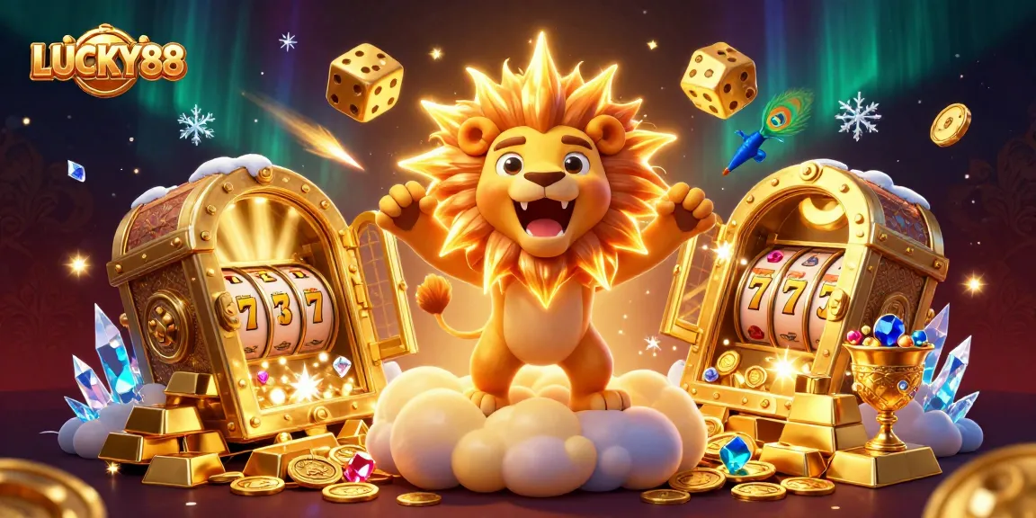 Win big on LUCKY88 slots with a dazzling 3D illustration showcasing vibrant riches and gaming excitement.