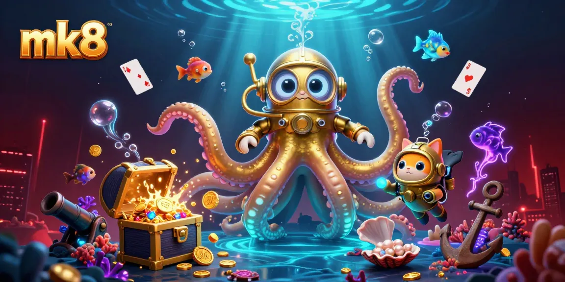 Immerse in the mk8 experience with a kraken, diving cat, and treasure in vibrant underwater casino action.