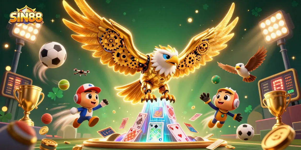 SIN88 betting strategies illustrated with a dynamic scene of a cybernetic eagle amidst vibrant sports elements.