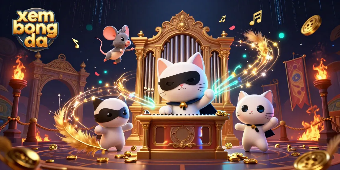 Xem bong da with a vibrant illustration of a whimsical casino scene featuring a masked cat and mouse acrobat.