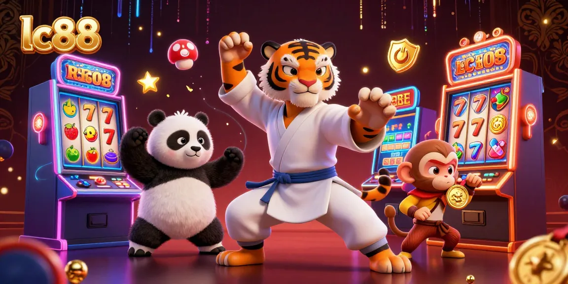 Engage with lc88's thrilling slots while a tiger master and panda disciple add excitement to the scene.