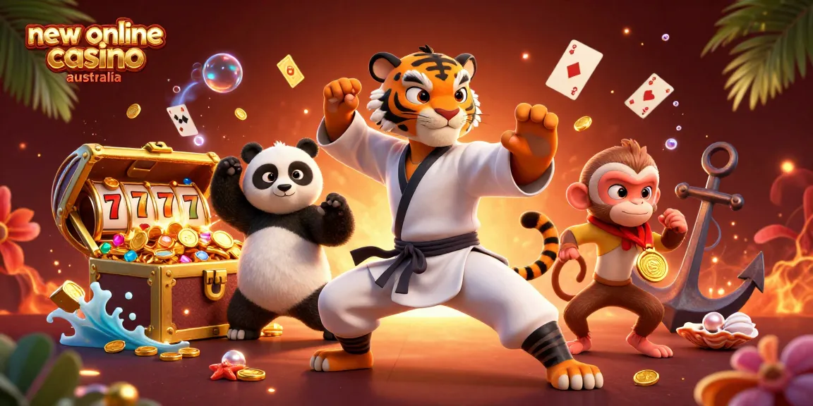 Play exciting slots in the new online casino Australia, with animated casino characters and vibrant treasures.
