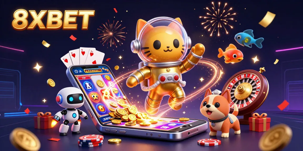Experience excitement with 8XBET's dynamic gaming scene featuring vibrant characters and slot games.
