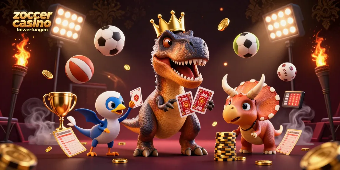Zoccer Casino Bewertungen - 3D T-Rex spielt Karten, während ein Pterodactyl hilft.