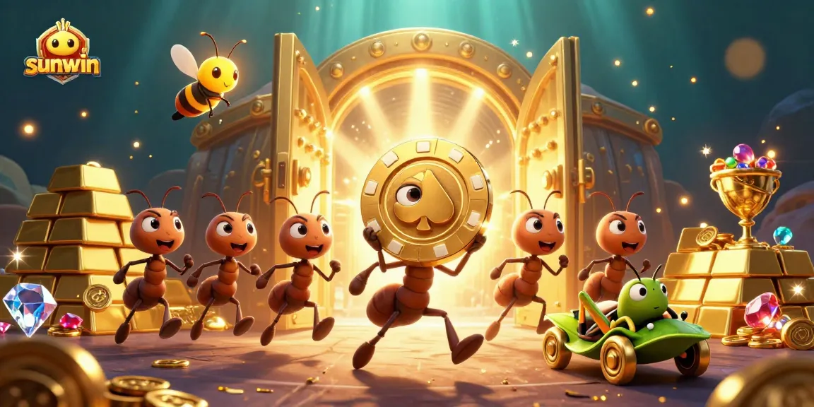 Experience thrilling gameplay with sunwin as ants carry a giant poker chip through a vibrant casino heist scene.