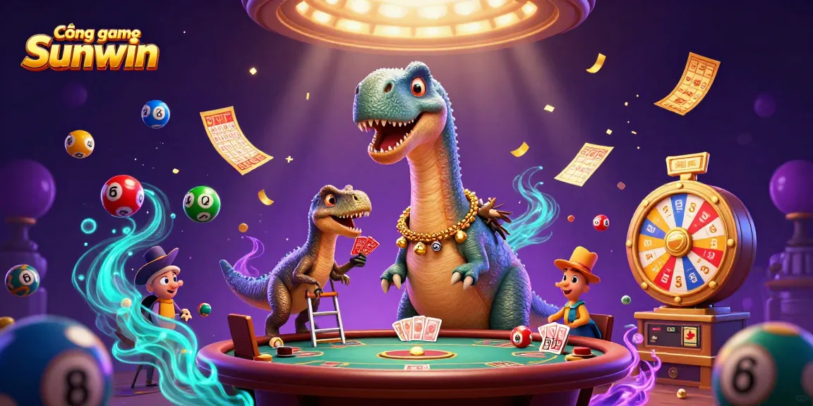 Experience the excitement at Cổng game Sunwin with a lively casino scene featuring a brontosaurus and raptor dealers.