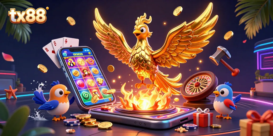 Win with tx88 in this vibrant 3D illustration of a golden phoenix and casino elements.