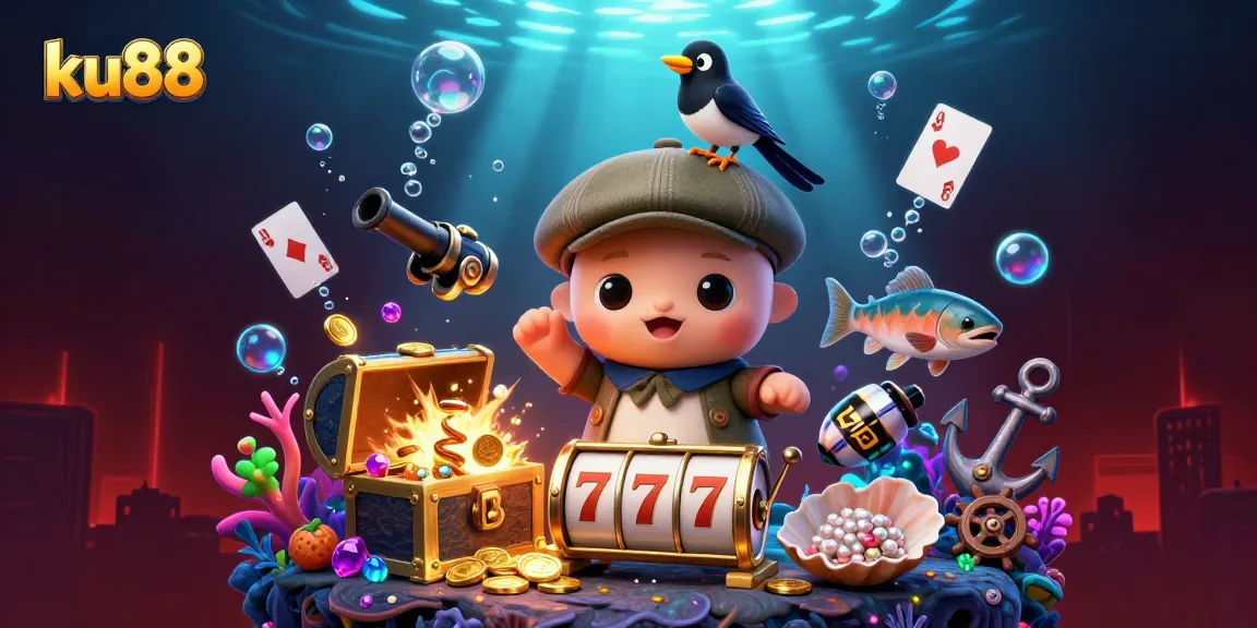 Engage with the thrilling casino adventure featuring ku88, the playful baby Nessie with gold coins and slot reels.