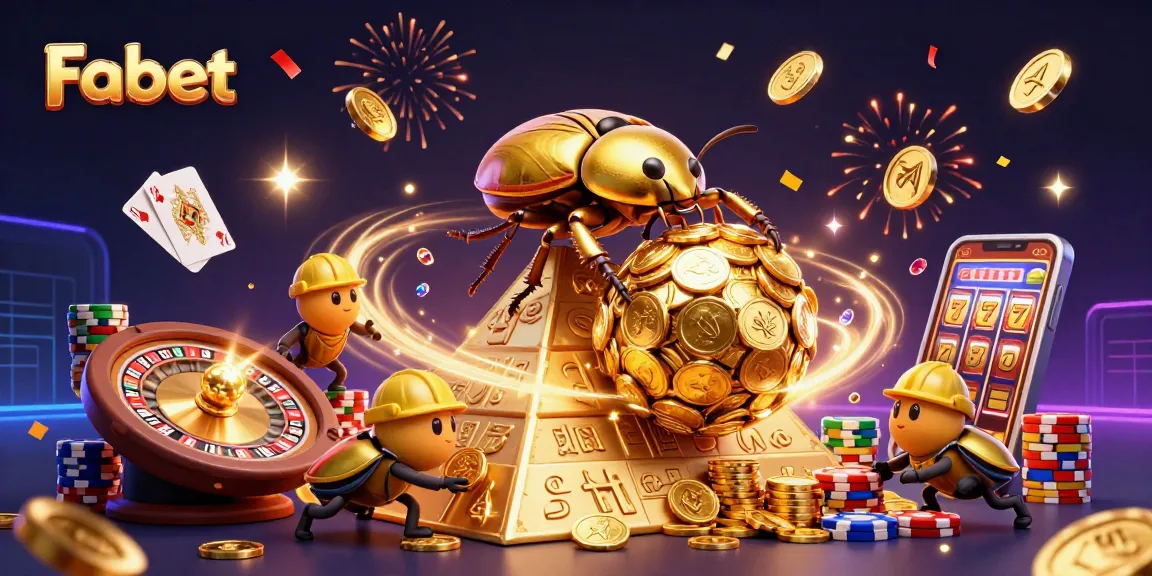 Fabet showcases a vibrant 3D casino scene with golden beetles and cascading coins.