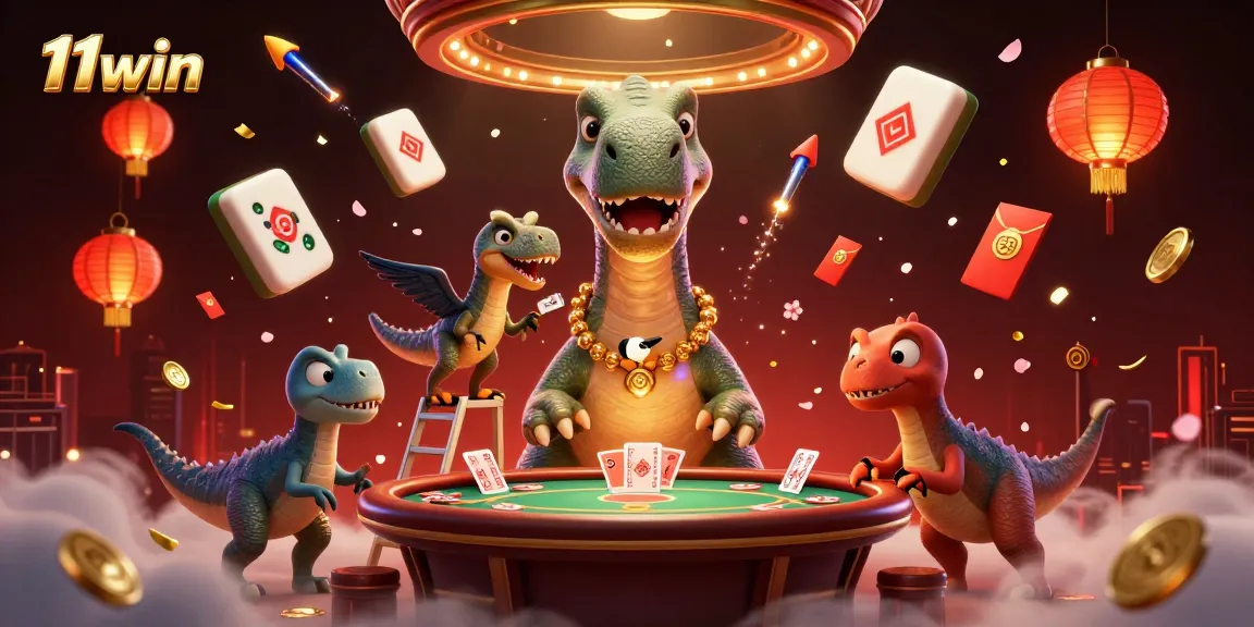 11win showcases a vibrant casino scene with a brontosaurus and raptor dealing cards, featuring dynamic game elements.