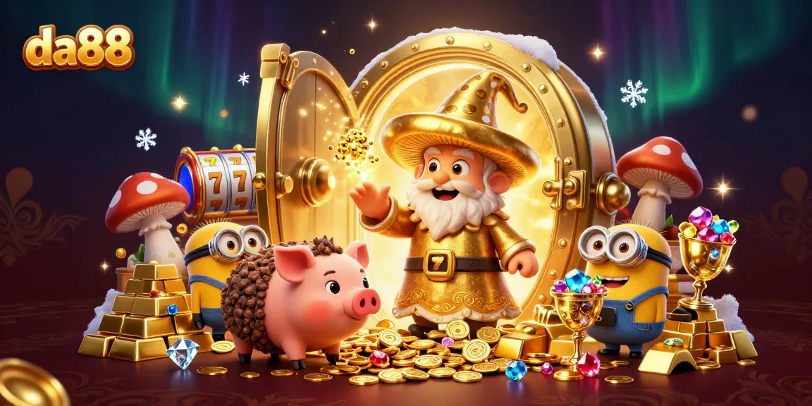 Play with da88 at a dynamic casino scene featuring magical treasures and lucky slots.