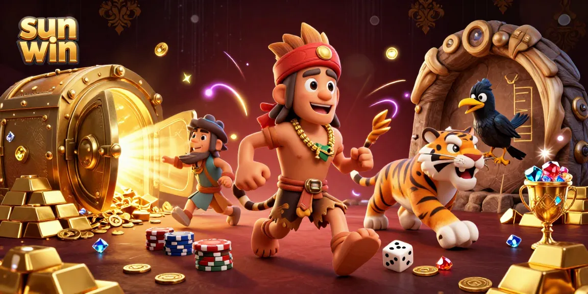 Experience thrilling wins at sun win in this vibrant 3D casino scene bursting with gems and gold.