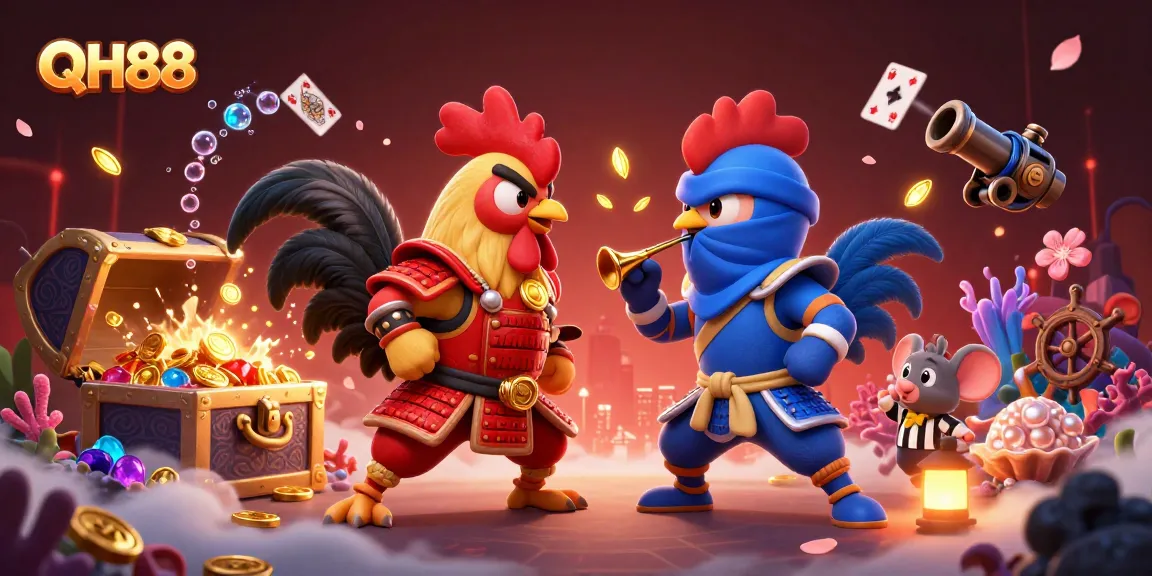 Engage in thrilling battles between QH88's samurai and ninja roosters with dynamic action and dazzling casino elements.